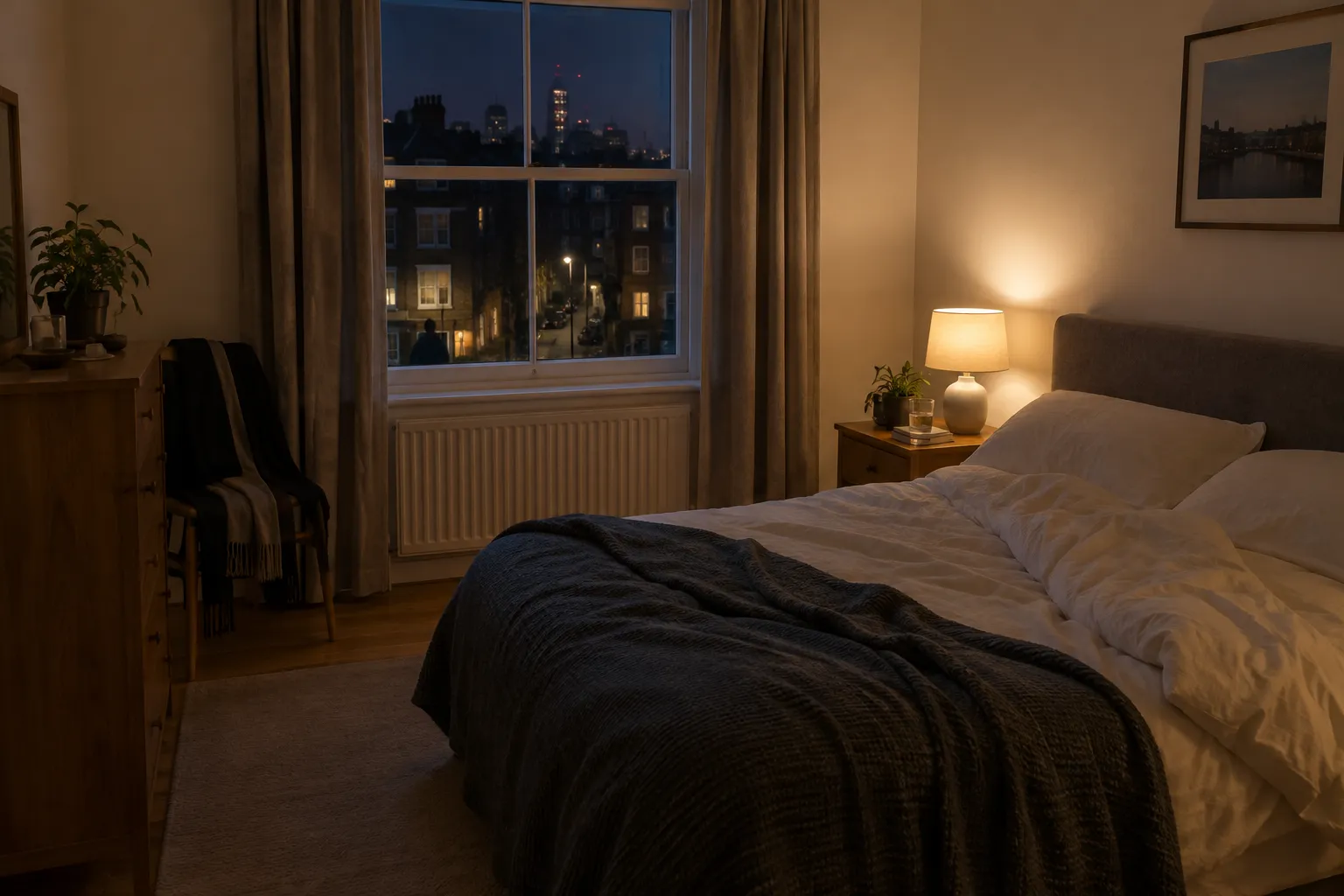 A bedroom at night with the bedsheet pulled back