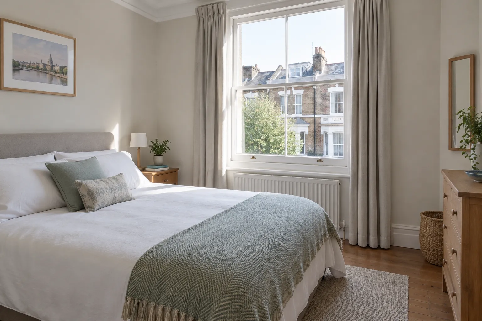 A calm London bedroom with a sash window in morning light