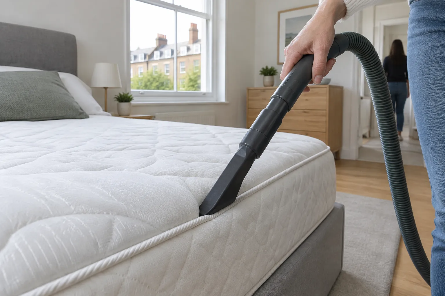 A vacuum nozzle cleaning along a mattress seam